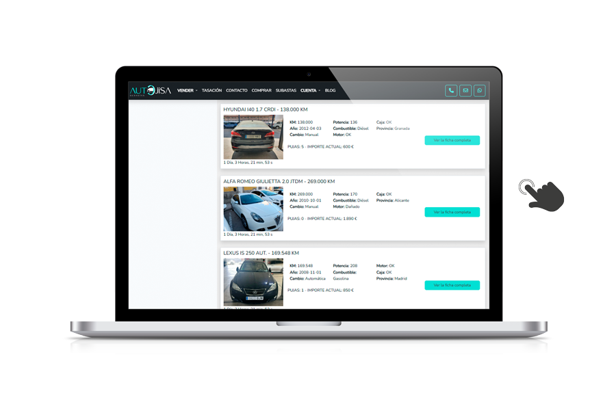 Mockup de una plataforma de subastas online de coches mostrando vehículos y pujas en tiempo real